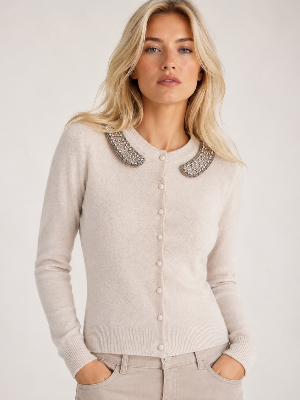 Rebecca Taylor Angora Wool Cashmere Cardigan Rhinestone Peter Pan Quiet Luxury M
